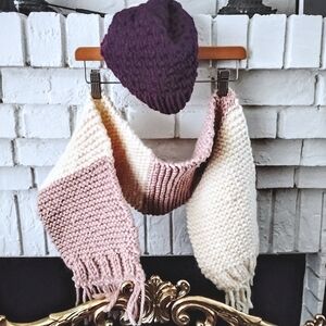 NWT! Elegant Knit Scarf and Hat Set - Purple and Cream